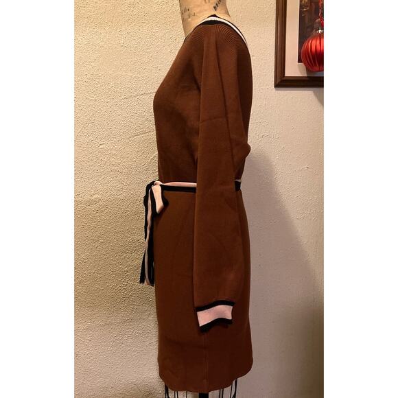 Off the Shoulder Boat Neck Contrast Long Sleeve Knit Belted Sweater Dress Size M - Picture 8 of 14